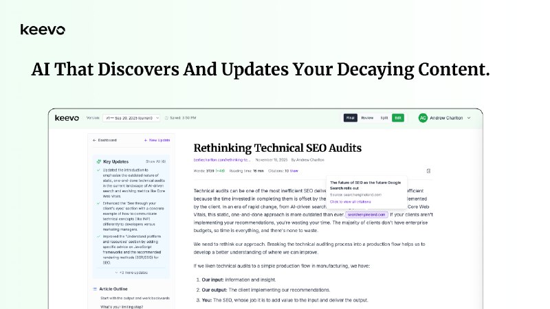 9. Keevo AI标语：能发现并更新你表现不佳内容的人工智能解析：“AI”直接对应“人工智能”；“discovers & updates”即“发现并更新”；“underperforming content”指“表现不佳的内容” ，整体按照正常语序组合起来，就形成了简洁易懂的表达