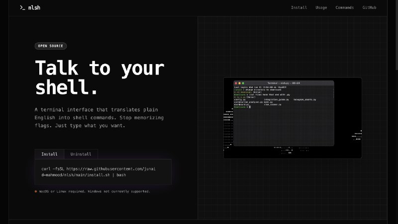 4. nlsh标语：用自然语言与你的终端进行交流介绍：这是一个能把普通英语语句转换成shell命令的终端界面