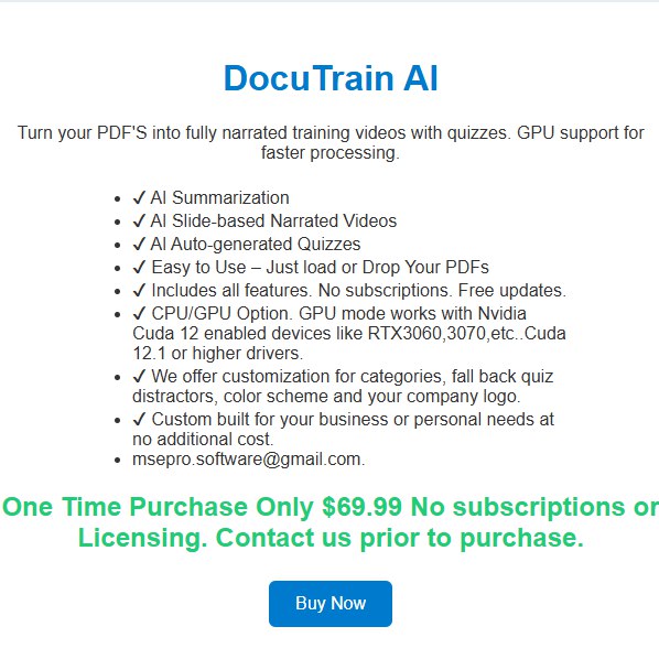 8. DocuTrainAI AI powered Training Videos标语：能根据任意PDF文件生成含问答测试的AI培训视频并可播放的工具介绍：这是一款由人工智能驱动的视频生成工具，具备旁白添加、字幕制作、缩略图生成、测验设置等功能，还自带视频播放器