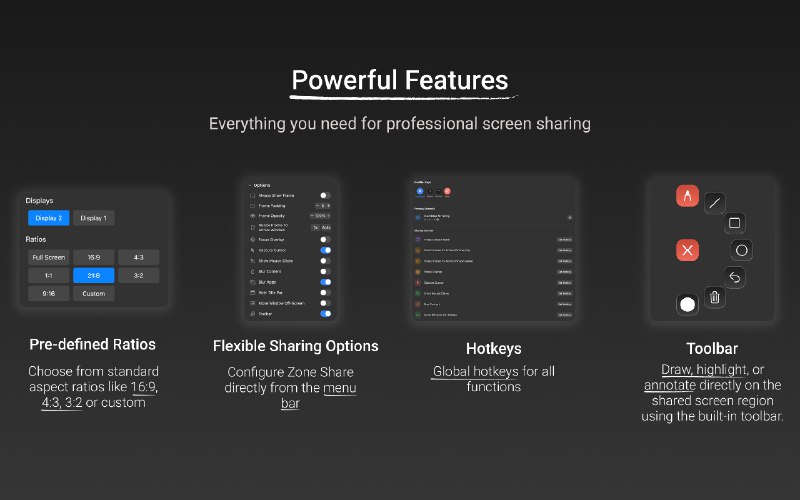 9. ZoneShare标语：适用于超宽显示器的完美屏幕共享功能 |  macOS应用程序介绍：在视频通话中难以共享超宽屏幕内容吗？不想向他人展示敏感数据吗？有了“共享区域”功能，你可以只镜像屏幕的一部分，同时对选定的应用程序甚至浏览器标签进行模糊处理，确保你的隐私安全