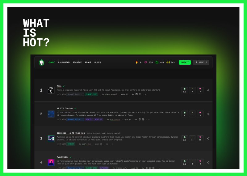 8. Hot100.ai标语：由人工智能评判的每周人工智能项目排行榜介绍：由弗拉姆博（Flambo）评选的人工智能驱动项目每周排行榜来啦！在这里，你可以发现那些用Cursor、Bolt、v0、Replit、Lovable、Claude Code等工具打造的出色应用……弗拉姆博会根据创新性和实用性为每个参赛项目打分，每周一更新排名