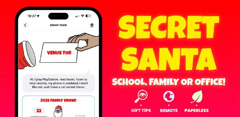 7. Hohoho: Secret Santa标语：和远方的家人、远程团队成员或朋友们一起玩“神秘圣诞老人”游戏吧！介绍：和世界各地的家人、团队成员或朋友一起开展一场线上“神秘圣诞老人”活动吧