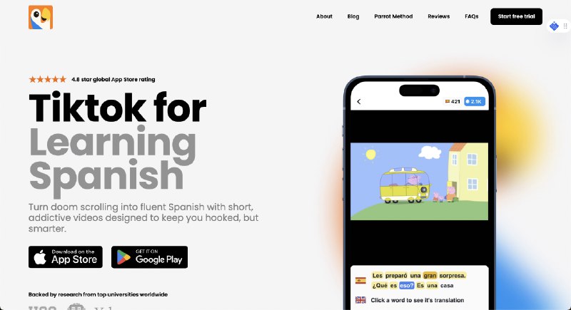 4. Parrot标语：用TikTok学西班牙语解析：原句表达的是借助TikTok这个平台来学习西班牙语，“for”在这里表示用途，所以翻译为“用……来……”，整体简洁清晰，符合日常表达习惯