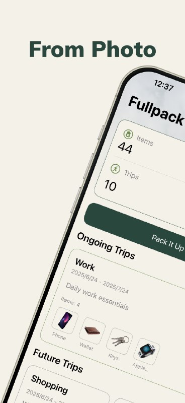 4. Fullpack标语：设备端物品提取与库存管理介绍：Fullpack应用借助苹果的视觉工具包（VisionKit），能直接从你的照片中提取物品信息，这样一来，你就能轻松创建行李清单、搭配服装或者整理库存了