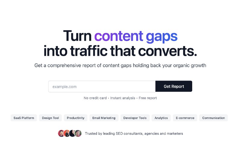 3. Content Gap Report for LLM SEO标语：把内容短板转化为能带来转化的流量解析：“content gaps”直译为“内容缺口”，这里意译为“内容短板”更符合日常表达习惯；“traffic that converts”直译为“能转化的流量”，也就是能带来实际转化（如购买、注册等）的流量