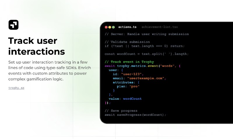 3. Trophy 1.0标语：用于游戏化的开发者应用程序编程接口：连胜记录、经验值、徽章、等级介绍：借助灵活的应用程序编程接口（API），快速实现游戏化功能，涵盖成就系统、连胜记录、积分机制和排行榜