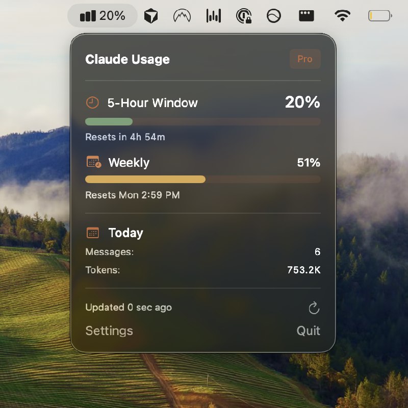 6. Usagebar标语：从菜单栏追踪Claude代码的使用情况介绍：这是一款适用于 macOS 系统的菜单栏应用程序，它可以追踪你使用 Claude Code 的 5 小时和每周使用时长限制