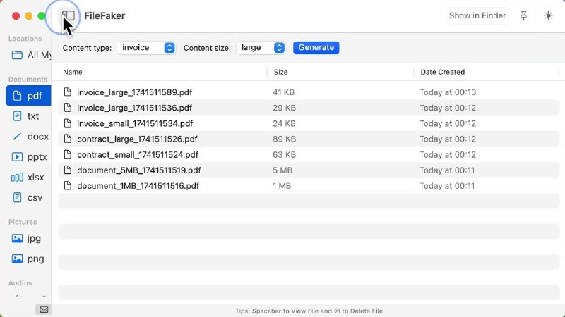 5. FileFaker标语：几秒钟内就能生成各种类型和大小的样本文件