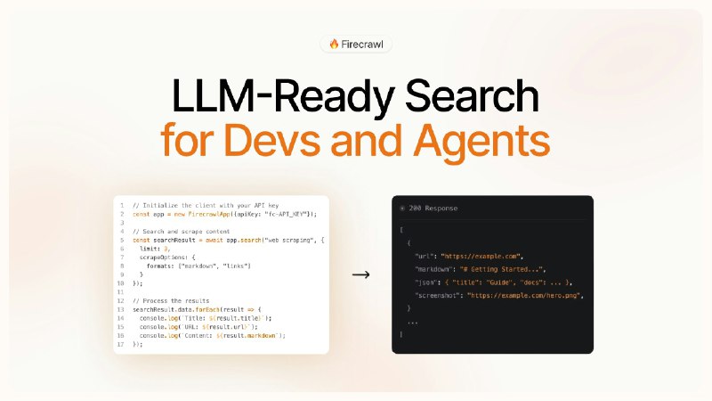 9. /search by Firecrawl标语：只需一次API调用，就能实现网络搜索并抓取搜索结果