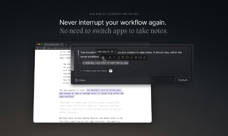 3. Lazy 2.0标语：随时随地一键快速记录笔记并开启交流介绍：“懒人笔记”（Lazy）能让你随时随地迅速记录想法，还能借助人工智能与你的笔记进行交流