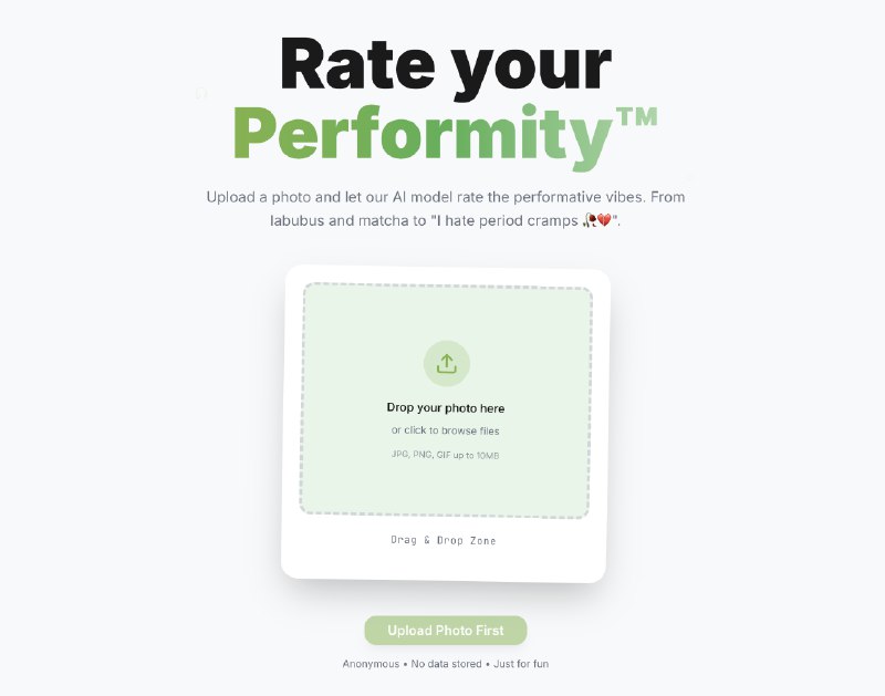 7. PerformaMeter标语：上传一张照片，即可获得你的“表现度”评级