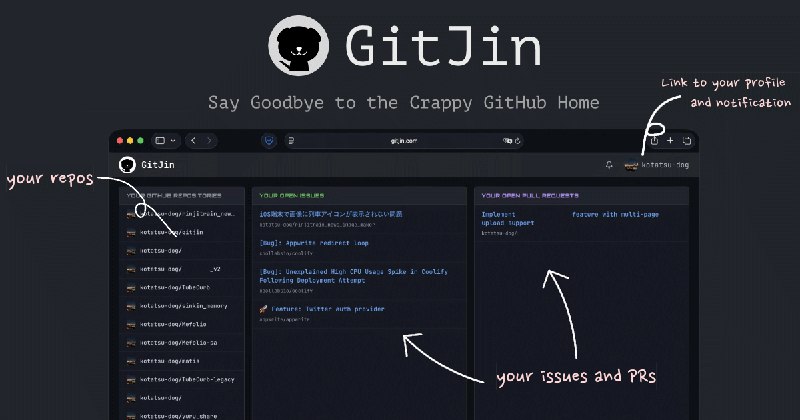 9. GitJin标语：在一个清晰的仪表盘上管理 GitHub 仓库、问题和拉取请求解释：“GitHub repos”指的是 GitHub 上的仓库（repositories 的缩写）；“issues”在 GitHub 语境里是指项目中发现的问题或提出的任务；“PRs”是“Pull Requests”的缩写，即拉取请求，用于向项目贡献代码等；“dashboard”可理解为一个集中展示和操作的界面，这里意译为“仪表盘”，整体表达简洁明了，符合科普杂志或日常对话风格