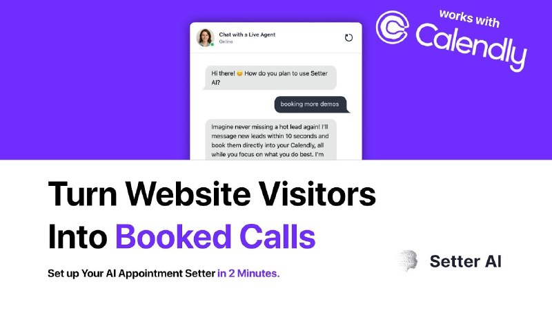 8. Setter AI标语：把网站访客转化为预约咨询客户 这里“booked calls”结合语境可以理解为预约了咨询电话、预约沟通等服务的客户，整体意思就是让访问网站的人变成预约好后续沟通的潜在客户