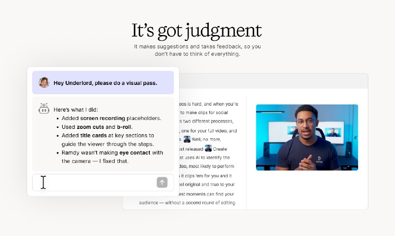 10. Underlord by Descript标语：Descript推出的编辑助手，引领氛围编辑新时代介绍：Underlord是唯一一款智能AI视频编辑器，它就像你理想中的合作伙伴一样有判断力，又具备专业视频人士的专业技能，还拥有能制作出你想要的任何视频所需的一切工具