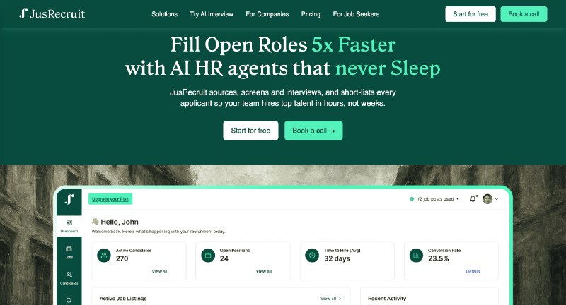 10. JusRecruit标语：能处理电话筛选和首轮面试的人工智能招聘系统注：“ATS”是“Applicant Tracking System”的缩写，即招聘管理系统，这里结合语境翻译为“招聘系统”