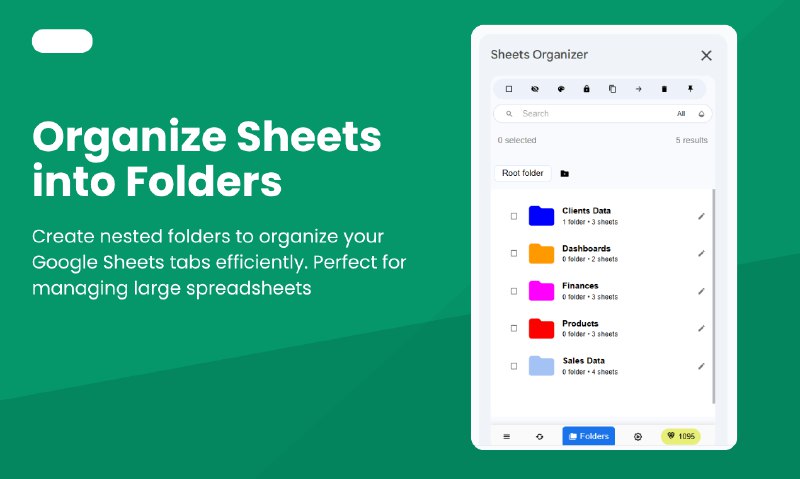 PH今日热榜 | 2025-11-021. Sheets Organizer标语：首款能高效管理谷歌表格工作表的插件介绍：表格整理器能帮你把表格整理到文件夹中，同步表格格式，固定常用表格，按颜色和名称搜索表格，还能进行批量操作