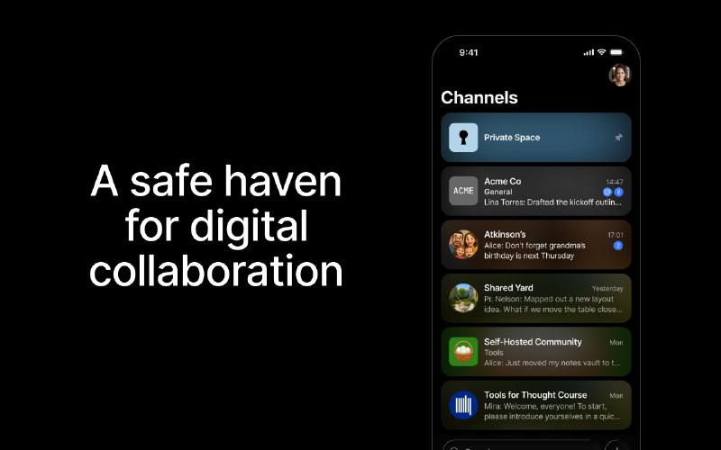 4. Anytype Chats标语：一个注重隐私保护的团队工作空间介绍：Anytype是数字协作的安全港湾：它是一个私密空间，你可以在这里聊天、撰写文档、组织项目以及构建共享知识，而且完全不用担心数据泄露