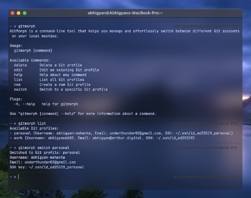 7. gitmorph标语：只需一个命令，工作项目轻松变身个人副业项目——Gitmorph介绍：GitMorph是一款强大的命令行工具，它能让你轻松地在多个Git身份之间切换