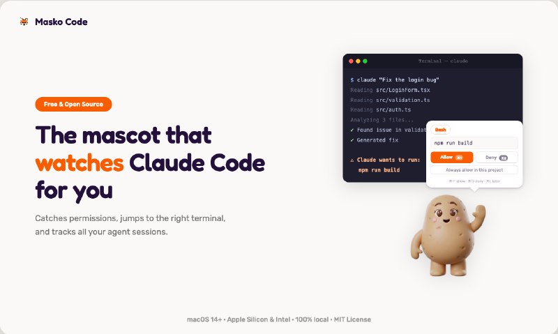7. Masko Code标语：一个能帮你留意克劳德代码的吉祥物介绍：你在运行克劳德代码代理程序