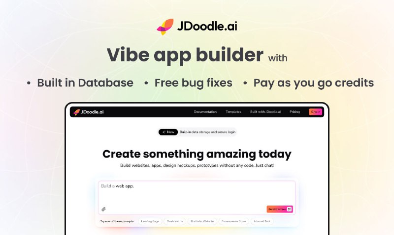 3. JDoodle.ai标语：Vibe应用程序构建器，提供免费的漏洞修复服务，还有数据库以及按使用量计费的额度
