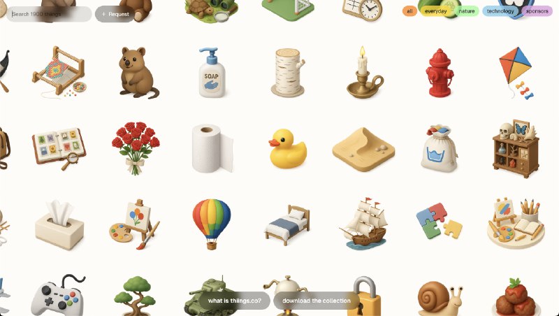 PH今日热榜 | 2025-06-081. Thiings标语：一个包含1900多个由人工智能生成的3D图标免费合集介绍：Thiings 是一个不断扩充的图标库，里面有1900多个免费的由人工智能生成的3D图标