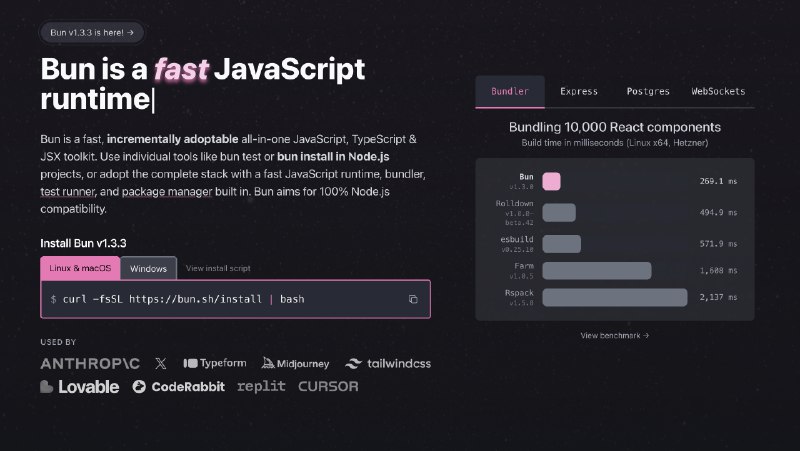 4. Bun标语：一款内置工具、可替代 Node.js 的快速 JavaScript 运行时环境介绍：在Bun里打包、安装并运行JavaScript和TypeScript代码