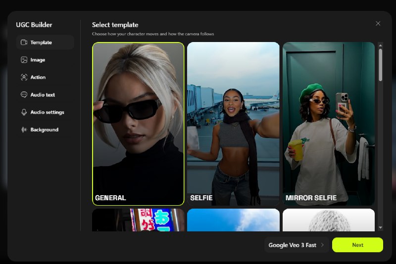 6. Higgsfield UGC Builder标语：在单一界面实现全场景控制介绍：生成一部完整的具有电影质感的视频，无需剪辑