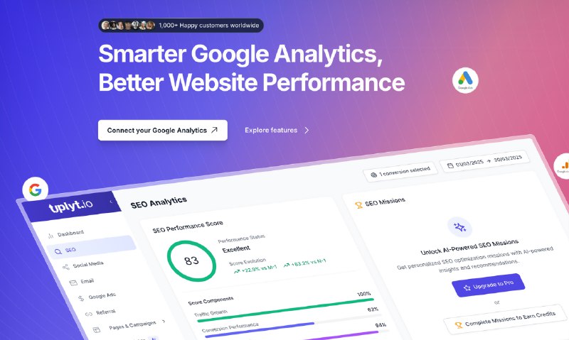 PH今日热榜 | 2025-05-251. Uplyt.io标语：更智能的谷歌分析工具，更出色的网站性能介绍：Uplyt 让营销人员、电商店主和中小企业轻松玩转谷歌分析与广告