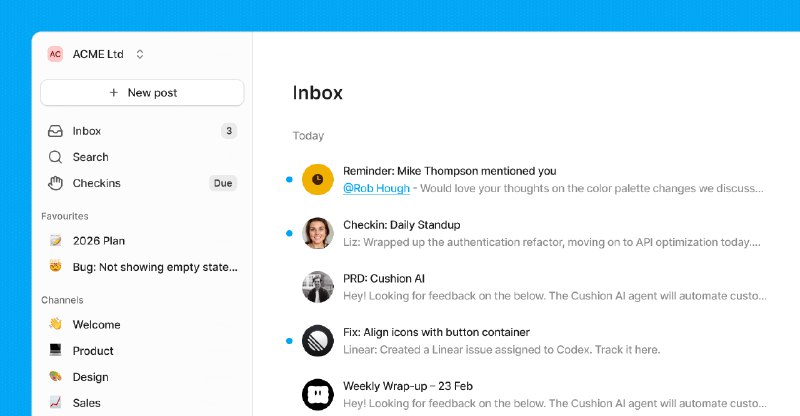 8. Cushion标语：将帖子、消息和签到功能整合在一起，助力团队协作更高效