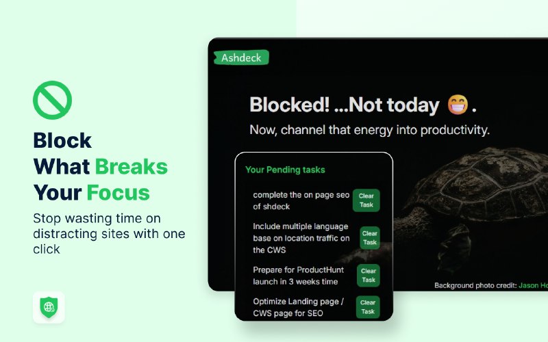 7. Ashdeck标语：专注利器：网站屏蔽器与番茄钟计时器 | 全新标签页解释：“Website blocker & pomodoro timer for focus” 突出了这两个工具的作用是帮助用户集中注意力，所以翻译成“专注利器：网站屏蔽器与番茄钟计时器”；“new tab page” 直译为“新标签页”，整体风格符合科普杂志或日常对话的简洁易懂要求