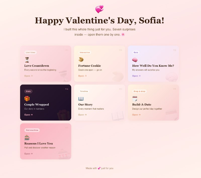 4. Valentine Online 标语：为你心爱的人打造的个性化情人节惊喜页面介绍：“浪漫情人节在线”（Valentine Online）能让你打造出一个精美又能分享的浪漫页面，在上面添加你自己想说的话、共同的回忆、专属的小玩笑，还有独特的氛围