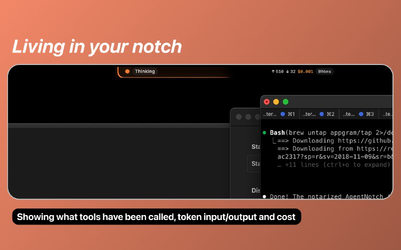 7. AgentNotch标语：你Mac电脑的刘海屏区域可显示实时的人工智能代码编写助手反馈数据