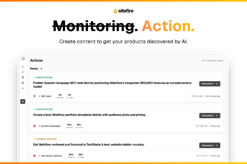 6. sitefire.ai标语：面向自主网络的营销套件这里“agentic web”可以理解为具有自主性、能动性的网络环境，“marketing suite”就是营销方面的一系列工具或软件组合，所以整体翻译为“面向自主网络的营销套件” 