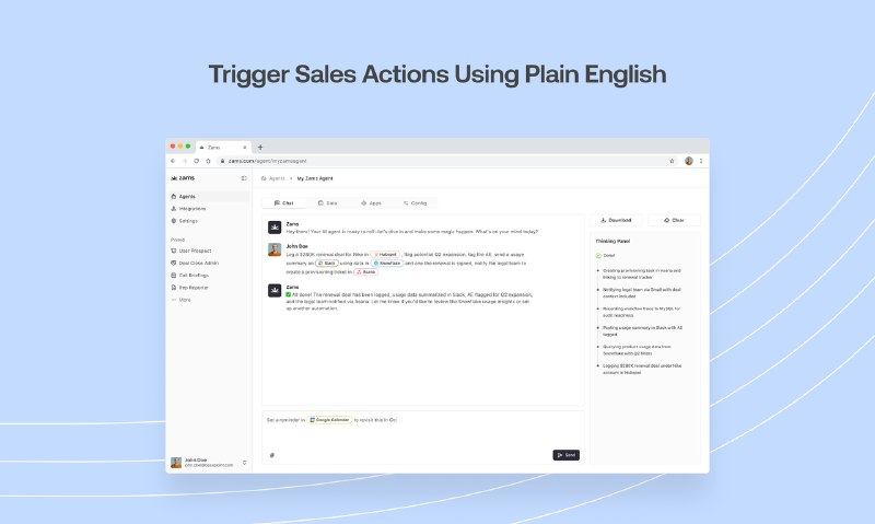 3. Zams标语：面向企业对企业（B2B）公司的销售自动化平台介绍：赞姆斯（Zams）能让你用通俗易懂的英语来创建人工智能代理，这些代理可以自动处理销售流程中的各个环节，从客户关系管理（CRM）操作到会议筹备，一应俱全