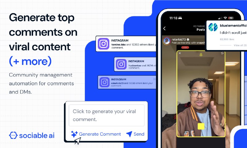 4. Sociable AI标语：生成热门帖子上的精彩评论介绍：社交人工智能可以帮助品牌在社交媒体上提升知名度，方法是在受众关注的热门帖子刚出现时就进行评论
