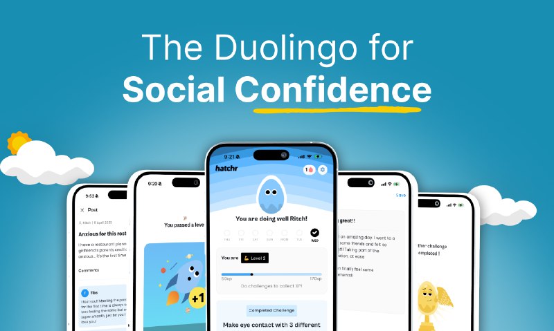 5. Hatchr标语：#1 缓解社交焦虑的应用程序介绍：通过日常的现实挑战来提升你的社交自信