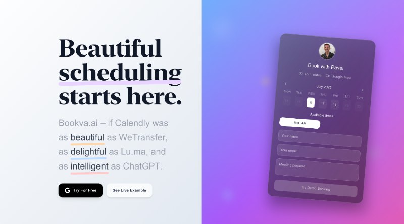6. Bookva.ai标语：要是 calendly（一款日程安排软件）能像 WeTransfer（一款文件传输工具）一样好用，像 ChatGPT 一样智能就好了