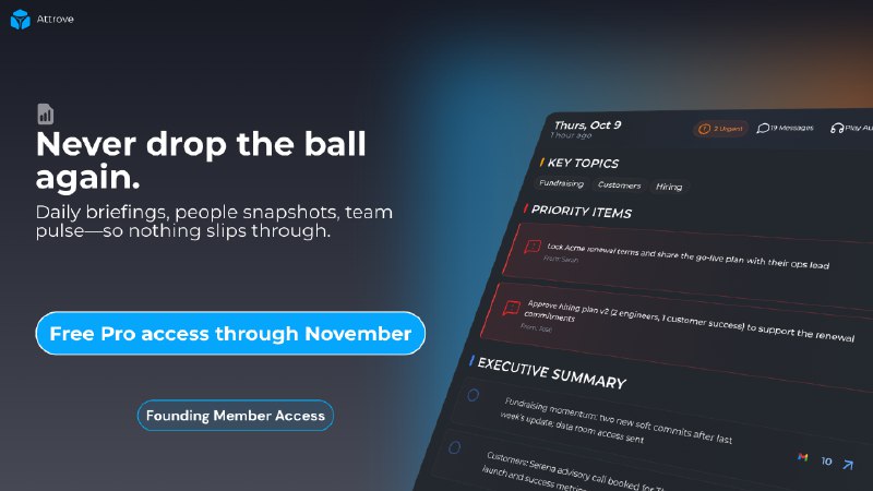 7. Attrove AI标语：将Slack（团队协作软件）、Gmail（谷歌邮箱）和日历的通知汇总成清晰的更新内容