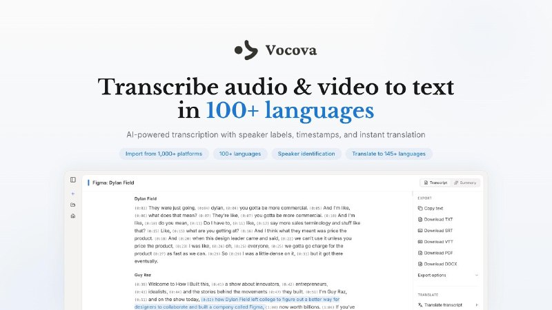 8. Vocova标语：Transcribe audio & video from 1,000+ platforms介绍：Vocova transcribes audio and video to text in 100+ languages. Paste a link from YouTube, TikTok, Zoom, or 1,000+ platforms — or upload any file. What makes it different: - Speaker identification with color-coded labels and timestamps - Translate transcripts to 145+ languages with bilingual side-b...Product Hunt: 查看详情产品网站: 立即访问关键词：Vocova, video from 1, Transcribe audio, 000+ platforms票数：🔺136是否精选：是发布时间：2026年03月04日 PM04:01 (北京时间)