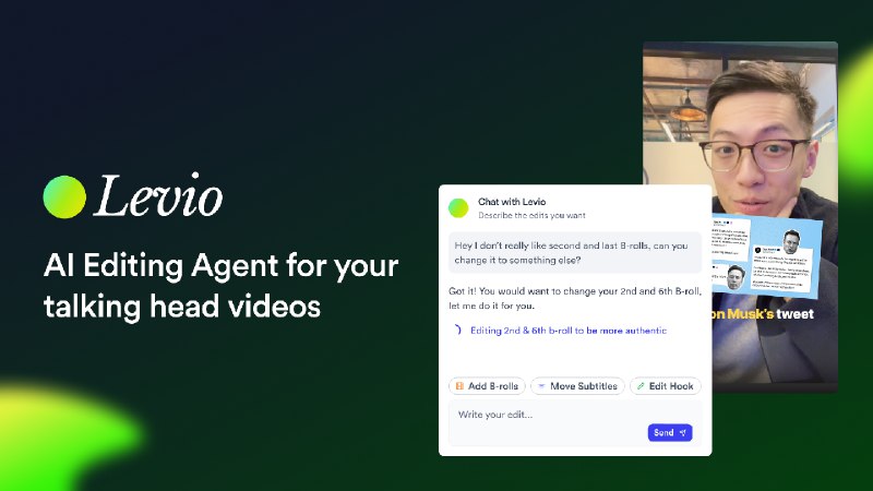 2. Levio by Jupitrr AI标语：你的人工智能视频编辑助手介绍：Levio 是你的人工智能视频编辑助手，它能让你微调视频变得像和 ChatGPT 聊天一样轻松