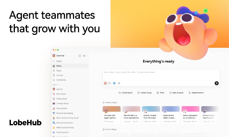 3. LobeHub标语：能与你一同成长的智能代理伙伴 这里的 “Agent” 若结合 IT 语境，一般可理解为 “智能代理”，它是能自主执行任务的程序或系统；“teammates” 直译为 “队友”，结合语境意译为 “伙伴” 更自然，整体译文就是符合日常对话风格的表达