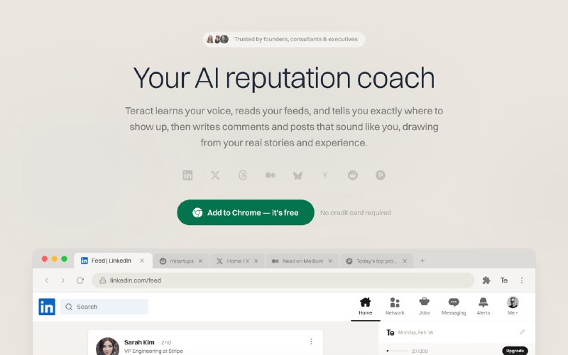 3. Teract AI标语：你的人工智能声誉教练，适用于领英、X（原推特）、 Reddit 等平台介绍：泰拉克特（Teract）能识别你的声音，扫描你的动态源，还能精准告诉你在网络上该去哪里活跃