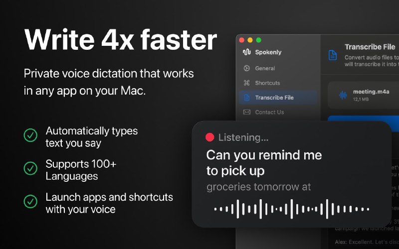 9. Spokenly标语：用语音输入，打字速度快四倍！介绍：🎙️ 专为 Mac 设计的智能语音输入功能，能让你想到什么就快速记录什么