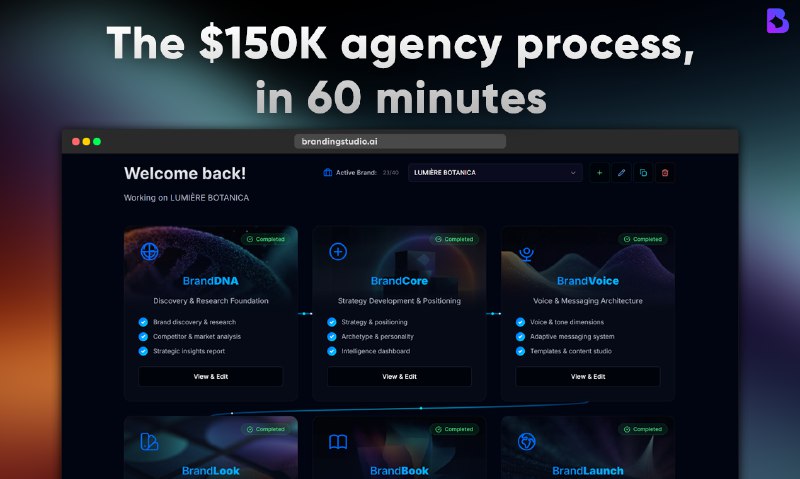 6. BrandingStudio.ai标语：在60分钟内打造出达到代理机构水准的品牌形象，而不是耗时6个月