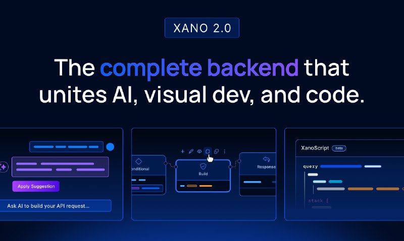 6. Xano 2.0标语：借助人工智能、可视化开发和代码编写，在几分钟内搭建出完整的后端系统