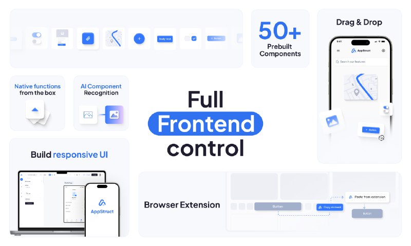 3. AppStruct标语：无代码应用构建工具解释：“no-code”直译为“无代码”，“app builder”指的是用于构建应用的工具，所以整体就是“无代码应用构建工具”，这种工具能让用户无需编写代码就能创建应用程序