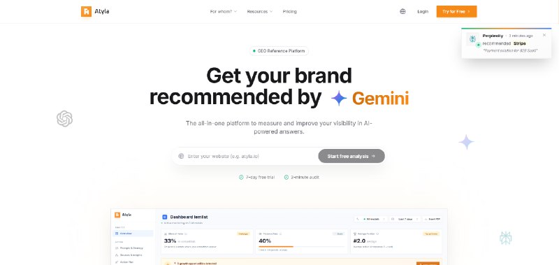 6. Atyla标语：适用于ChatGPT、Gemini以及人工智能搜索引擎的SEO工具注：SEO即Search Engine Optimization，意为搜索引擎优化