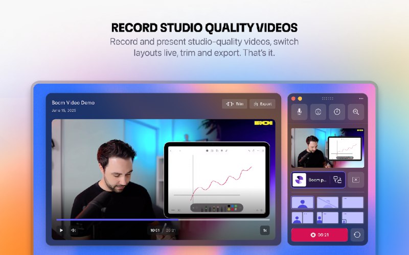 2. Boom video for Mac标语：实时直播，录制屏幕，在镜头前尽显专业风范