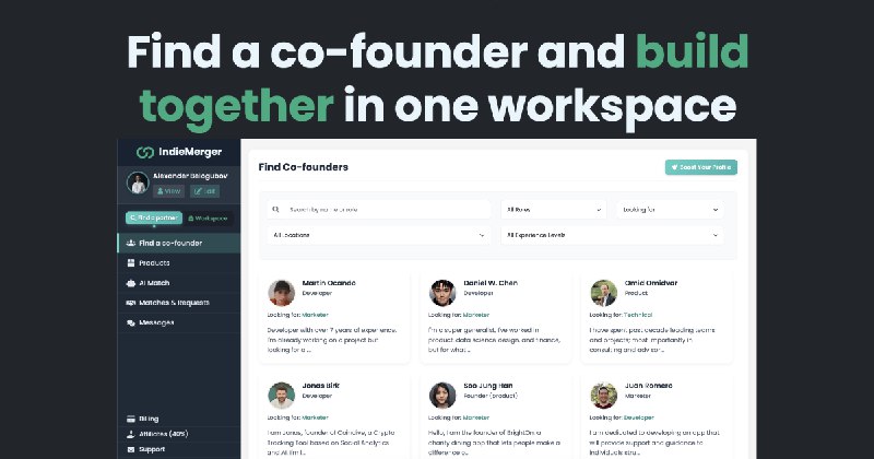 10. IndieMerger标语：专为联合创始人打造的一体化工作空间介绍：找到你的联合创始人，然后在同一个共享办公空间里一起创办你的创业公司