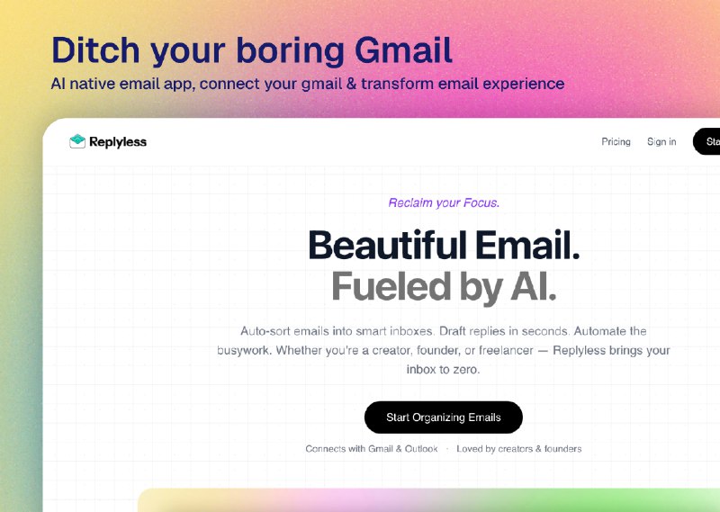 9. ReplylessAI标语：一款经济实惠的人工智能电子邮件应用程序，助你清空收件箱